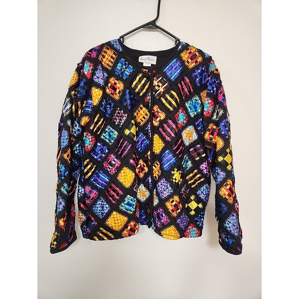 Vtg Women's Soul Mates Ribbon Woven‎ Jacket Colorful Patchwork Granny Square Lg